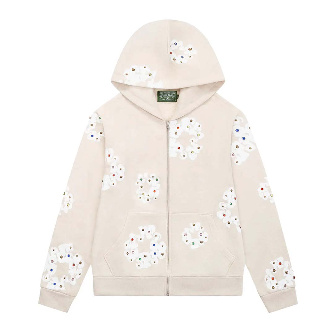 Denim Tears Rhinestone Wreath Zip Hoodie 'Oatmeal'