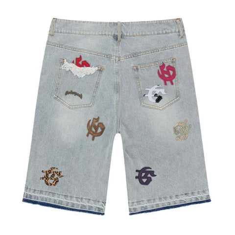 Godspeed Infinity Denim Shorts Blue Multi Color Patches