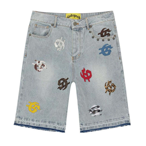 Godspeed Infinity Denim Shorts Blue Multi Color Patches