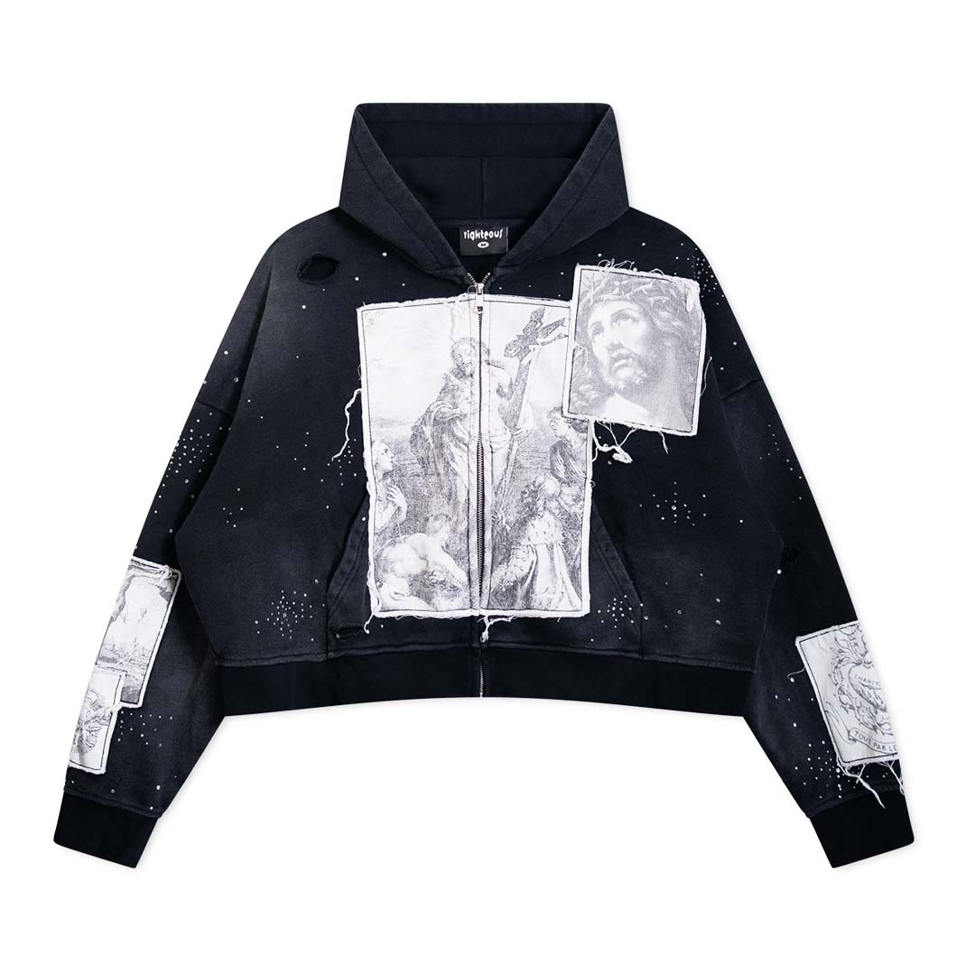 Righteous Divine Canvas Zip Up Jacket Rhinestone Black