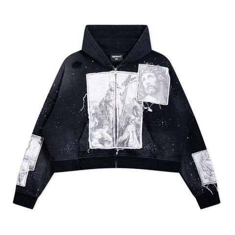 Righteous Divine Canvas Zip Up Jacket Rhinestone Black