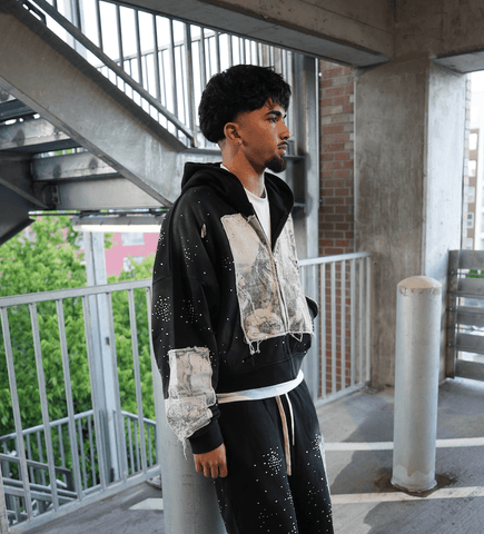 Righteous Divine Canvas Zip Up Jacket Rhinestone Black