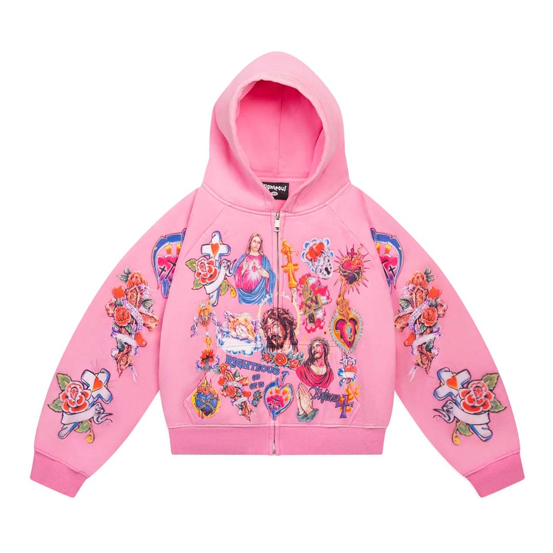 Righteous Risen King Cropped Zip Up Hoodie Pink