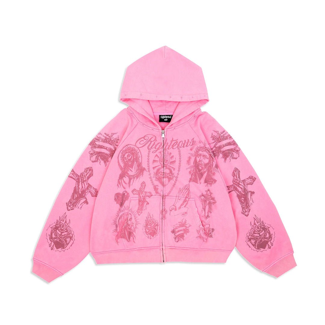 Righteous Tatted Believer Zip Up Hoodie Pink