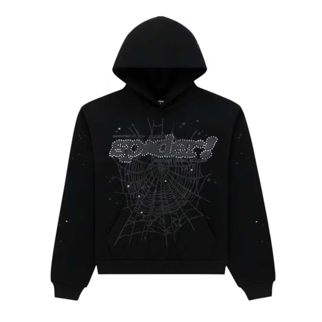Sp5der Rhinestone P*nk V2 Triple Black Hoodie